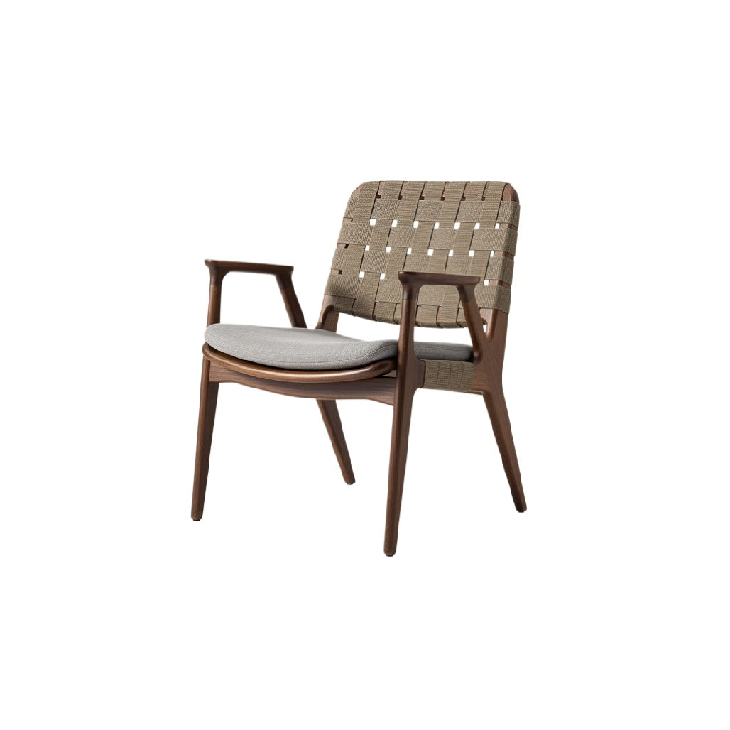 Modern Wooden Lounge Chair with Woven Backrest and Cushioned Seat